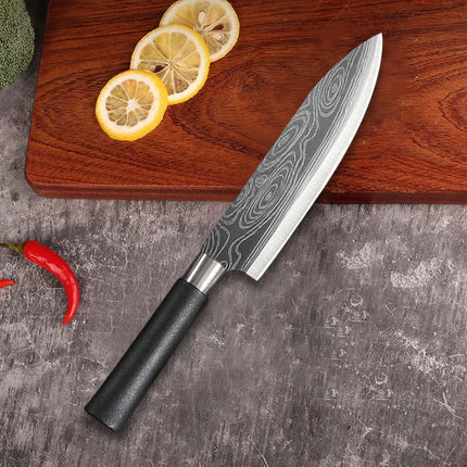 Laser Damascus Pattern Kitchen Knives Scissors Sharpening Rod Set