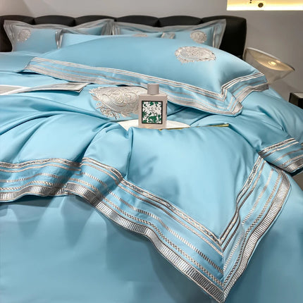 Stripe Embroidery Bedding Sets Luxury Egyptian Cotton Duvet Cover Fitted Bed Sheet Pillowcases Solid Color Mattress Cover