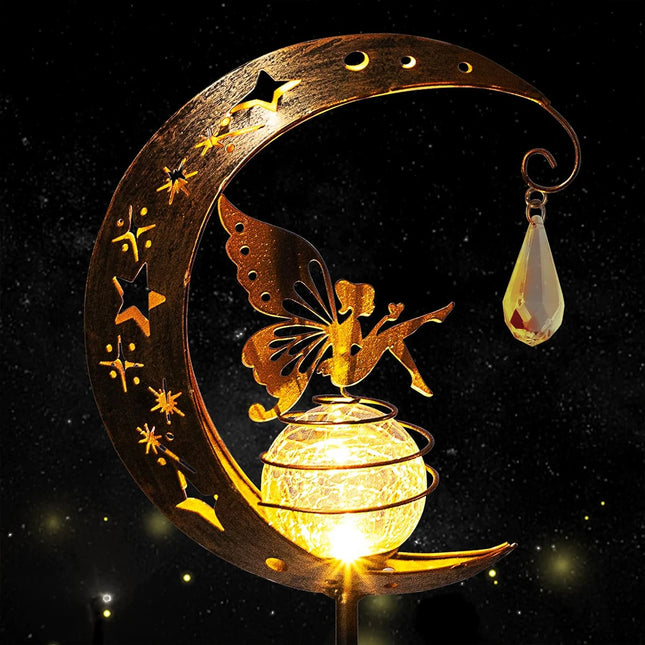 Solar Moon Fairy Garden Light with Crackle Glass Globe