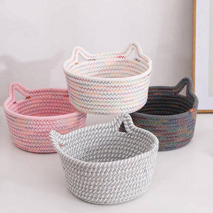Cotton thread basket woven basket storage basket desktop storage home storage suppliesCat ears round storage basket