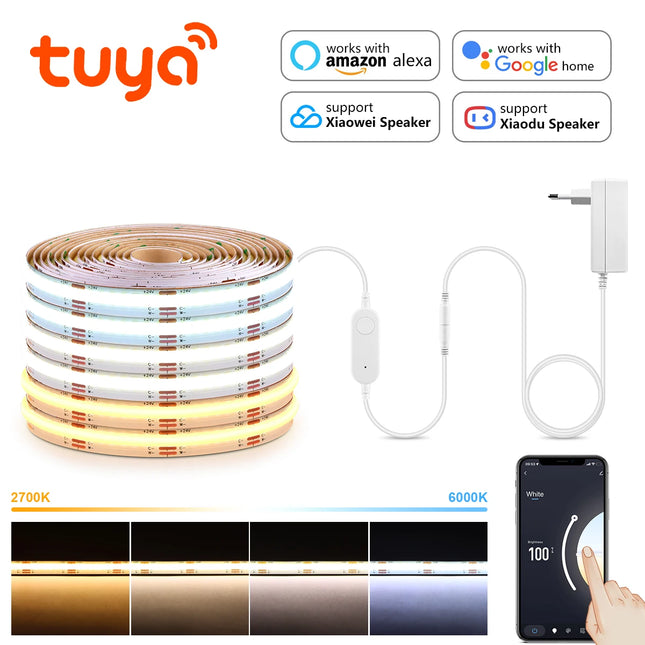 Tuya Smart WiFi Switch COB CCT LED Strip Light 3M 5M 24V Power Adapter EU/US Plug Dimmable Lamp LED Tape for Room Kitchen Decor