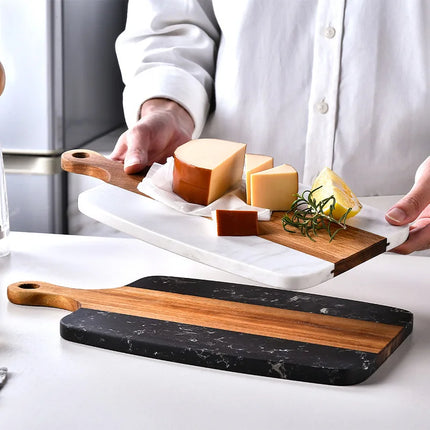 Acacia Wood Small Marble and Wooden Decorative Cutting Board for Kitchen Small Wooden Marble Cheese Board with Handle