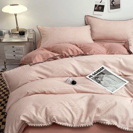 Ins Style Double Striped Bed 3-4 Pces Solid Washed Cotton Bedding with Sheets Pillowcases Skin Friendly Breathable Duvet Cover