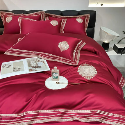 Stripe Embroidery Bedding Sets Luxury Egyptian Cotton Duvet Cover Fitted Bed Sheet Pillowcases Solid Color Mattress Cover