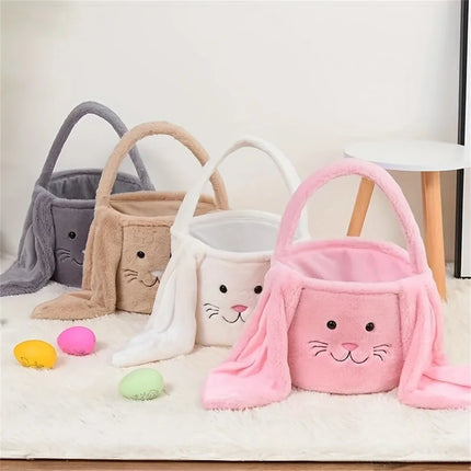 Cesta longa de orelha de coelho de pelúcia de páscoa com alça, balde de armazenamento de brinquedos de doces de pelúcia macia