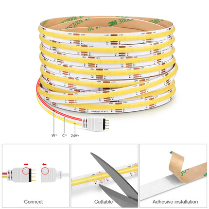 Tuya Smart WiFi Switch COB CCT LED Strip Light 3M 5M 24V Power Adapter EU/US Plug Dimmable Lamp LED Tape for Room Kitchen Decor