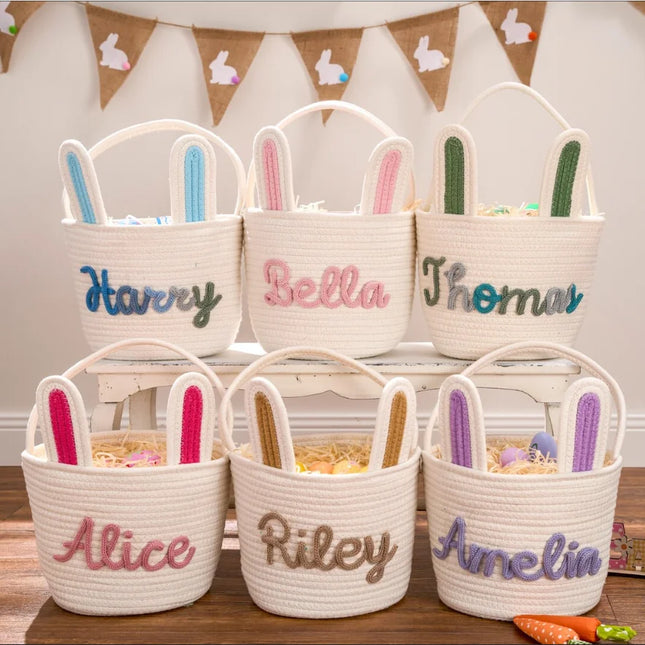 Personalised Easter Name Basket, Bunny & Carrot Rope Basket for Baby First Easter, Easter Egg Hunt Basket, Baby Shower Gift