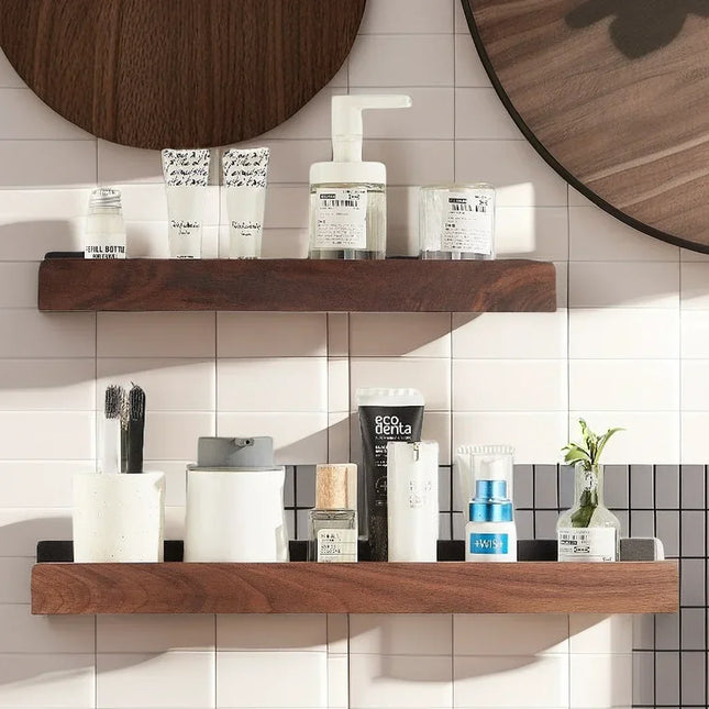 Punch-Free Wooden Bathroom Shelf