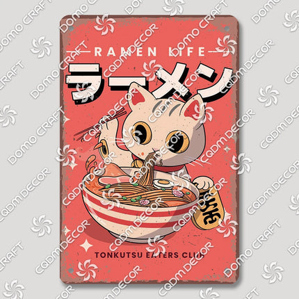 Cartoon Cat Japanese Food Plaque Tin Sign Retro Ramen Sushi Takoyaki Poster Metal Plates Bar Pub Restaurant Kitchen Wall Decor