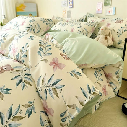Cream Floral Bedding Set No Filler Breathable Green Ins Double Queen Size Comforter Duvet Cover Flat Sheet Pillowcase Bed Linens