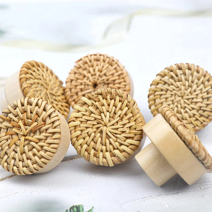 Rattan Wooden Drawer Knobs Round Handmade Cabinets Dresser Handles Wood Kitchen Cupboard Wardrobe Door Pulls for Furniture