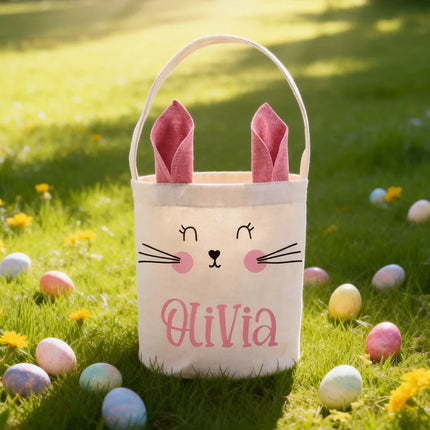 Personalized Easter Basket with Bunny Ears Custom Name Easter Gift Basket for Kids Easter Egg Hunt Storage Home Party Decoration