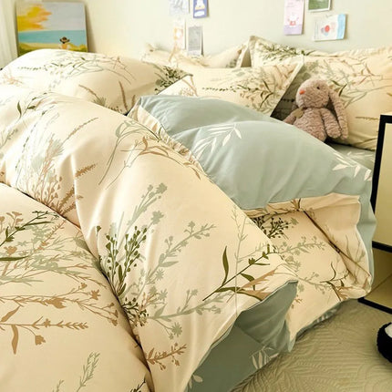 Cream Floral Bedding Set No Filler Breathable Green Ins Double Queen Size Comforter Duvet Cover Flat Sheet Pillowcase Bed Linens