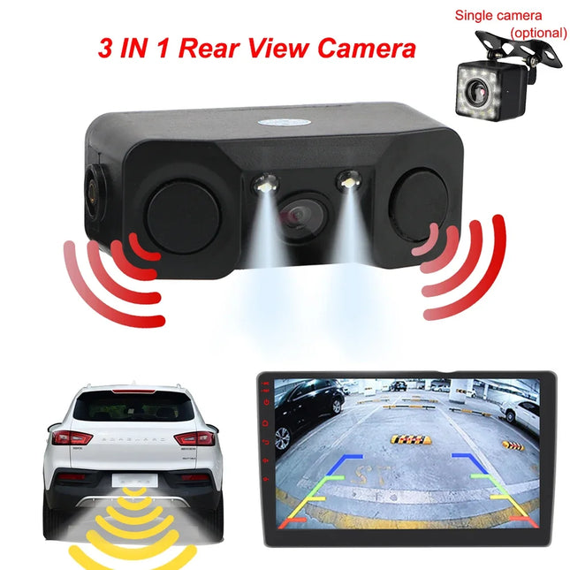 Car 3 In 1 Rear View Camera Parking Sensor Radar Set License Plate Lights Distance Control Parktronic System Universal