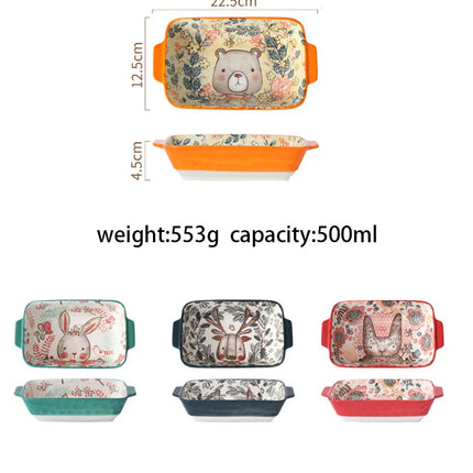 Ceramic Bakeware With Handle Forest Animals Baking Pan  Underglaze  Kitchen Tableware Salad Bowl Au Gratin Dishes