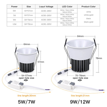 AC85-265V COB Bulb spot led plafond encastrable LED Downlight Aluminum Ceiling Lamp Corridor Kitchen Home Decoration