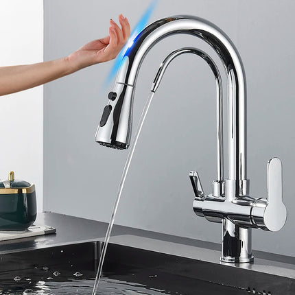 Smart Sensor Pure Water Kitchen Faucet 2 Models Spout Taps Deck Mount Daul Handle Filtered Cold Hot Water Mixer Washing Crane