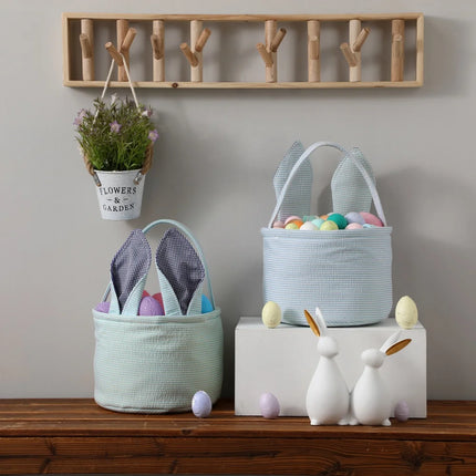 Seersucker Easter Basket With Bunny Ears Fully Plaid Lined Striped Egg Hunt Candy Gift Bag For Kids For Easter Decoration Candy