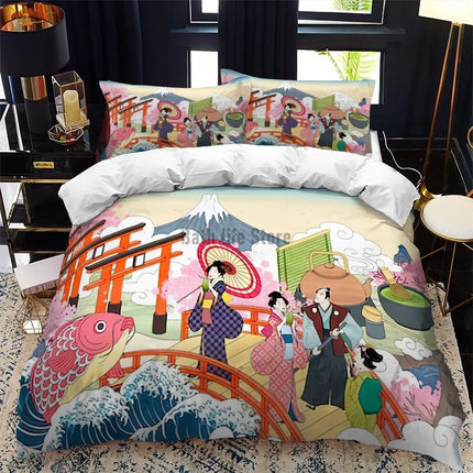 Bedding Set Japanese Painting Landscape Printed  For Kids Girl Luxury Bedding Set Duvet Cover Pillowcase Game Elements