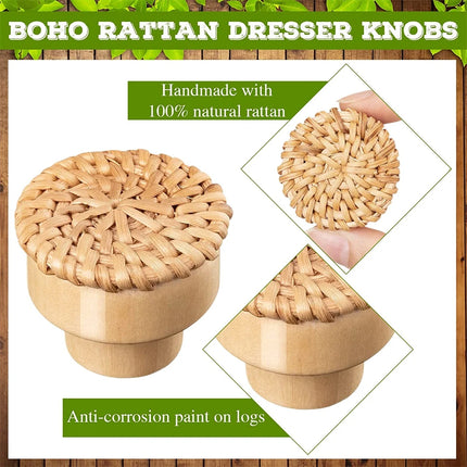 Rattan Wooden Drawer Knobs Round Handmade Cabinets Dresser Handles Wood Kitchen Cupboard Wardrobe Door Pulls for Furniture