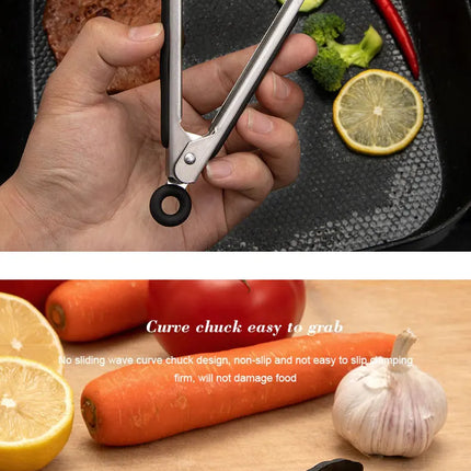 1 Pc Black Silicone Food Tongs, Stainless Steel Food Tongs Outdoor BBQ Clamps For Camping Kitchen Tongs For Baking Steak