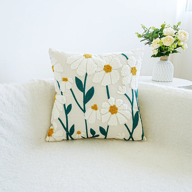 Daisy Floral Embroidered Throw Pillow Cover