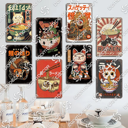 Cartoon Cat Japanese Food Plaque Tin Sign Retro Ramen Sushi Takoyaki Poster Metal Plates Bar Pub Restaurant Kitchen Wall Decor
