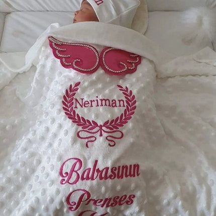 Dollbling Hospital Exit 5pcs Embroidery Name Newborn Angle Wings Romper Blanket  Nursery Bedding Swaddle Handmade Infant Outfit