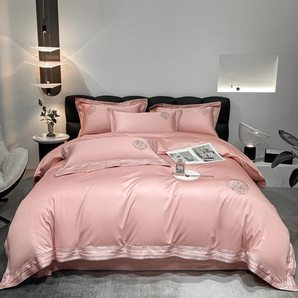 Stripe Embroidery Bedding Sets Luxury Egyptian Cotton Duvet Cover Fitted Bed Sheet Pillowcases Solid Color Mattress Cover