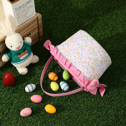 Floral Easter Basket With Ruffle And Bow For Girls Kids Carrot Candy Gift Tote Bag Egg Hunting Game Party Home Festival Decor