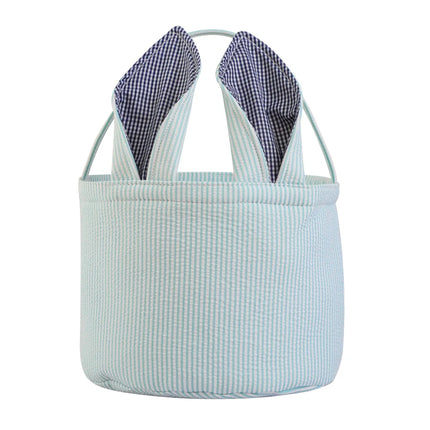 Seersucker Easter Basket With Bunny Ears Fully Plaid Lined Striped Egg Hunt Candy Gift Bag For Kids For Easter Decoration Candy