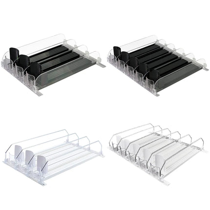 Drink Organizer Dispenser Spring Push Can Shelf Pusher Adjustable Width Soda Can Bottle Pusher E-shaped Glide for Kitchen Fridge
