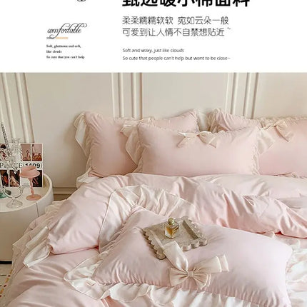 French Princess Style Bedding Sets Ruffle Lace Bow Quilt Cover Romantic Bedclothes Decor Woman Girls Bedroom Duvet Cover 4pcs
