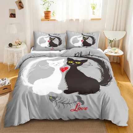 3PCS Single-sided Printed Bedding Set ,Comforter Cartoon Cute Cat Duvet Bedding Cover Pillows Comfortable Bedspreads Bedding Set