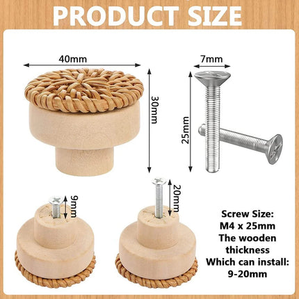 Rattan Wooden Drawer Knobs Round Handmade Cabinets Dresser Handles Wood Kitchen Cupboard Wardrobe Door Pulls for Furniture