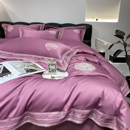 Stripe Embroidery Bedding Sets Luxury Egyptian Cotton Duvet Cover Fitted Bed Sheet Pillowcases Solid Color Mattress Cover
