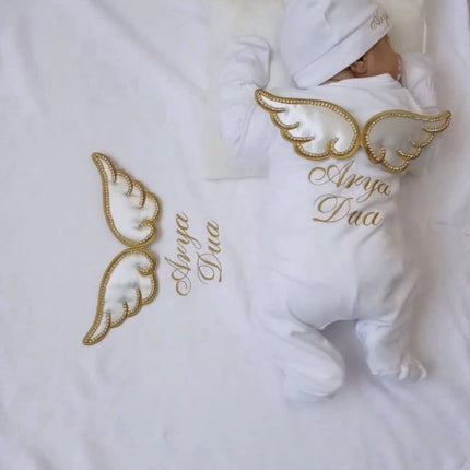 Dollbling Hospital Exit 5pcs Embroidery Name Newborn Angle Wings Romper Blanket  Nursery Bedding Swaddle Handmade Infant Outfit