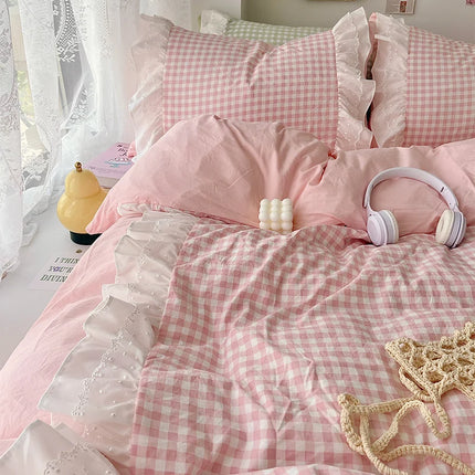 Korean Princess Style Lattice Double Layer Lace Bedding Set Soft Quilt Cover Plaid Style Duvet Covers Set Bed Sheet Pillowcases