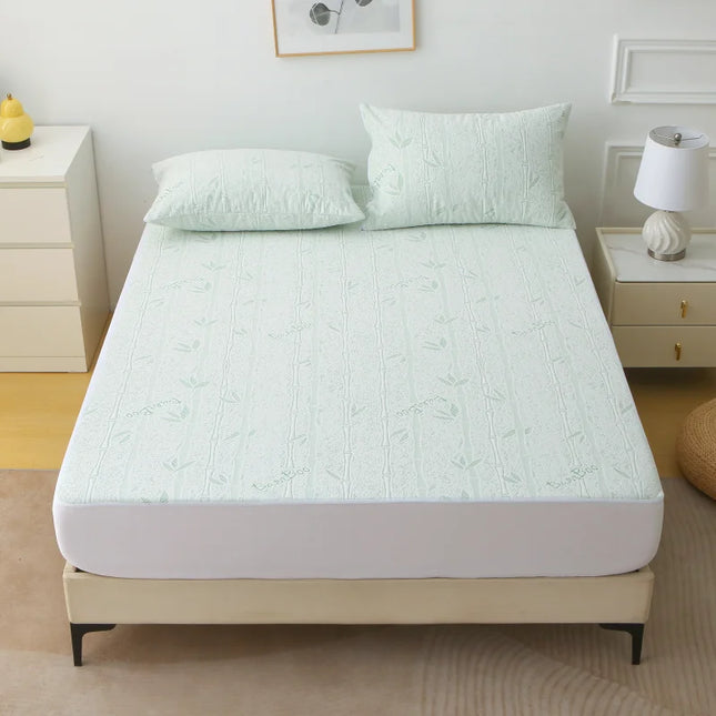 1Pc Cooling Bamboo Fiber Mattress Protector -Waterproof & Ultra-Soft Knit, Breathable Fitted Sheet with Blue Leaf Design