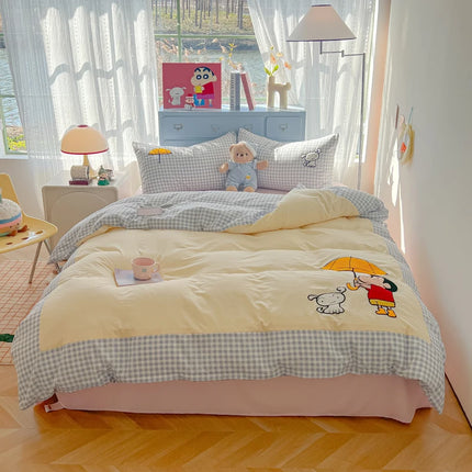 Cartoon embroidery Bedding set Plaid Duvet cover 100% Washed cotton 4pcs Bedding for Winter with Sheet Pillowcases Home Textiles