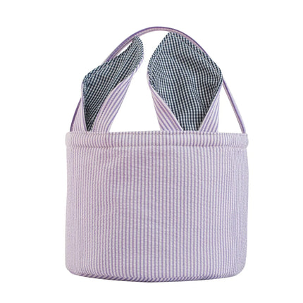 Seersucker Easter Basket With Bunny Ears Fully Plaid Lined Striped Egg Hunt Candy Gift Bag For Kids For Easter Decoration Candy