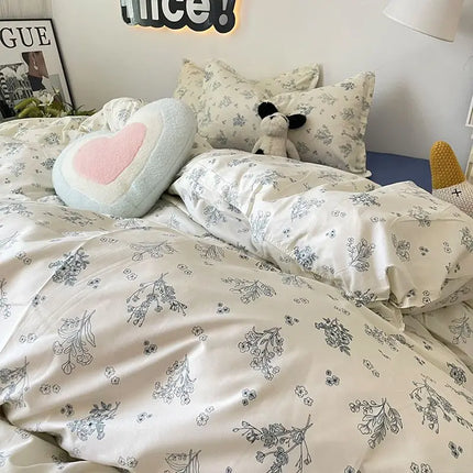 Cream Floral Bedding Set No Filler Breathable Green Ins Double Queen Size Comforter Duvet Cover Flat Sheet Pillowcase Bed Linens