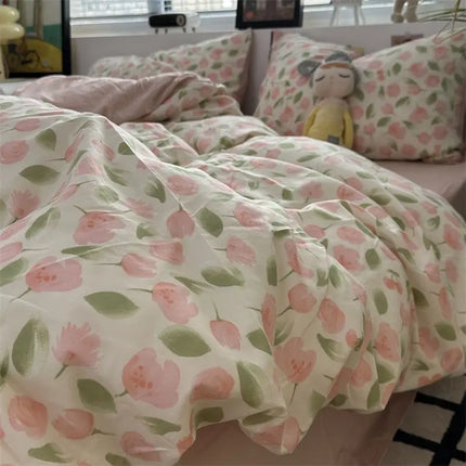 Cream Floral Bedding Set No Filler Breathable Green Ins Double Queen Size Comforter Duvet Cover Flat Sheet Pillowcase Bed Linens