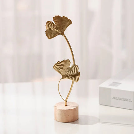 Golden Ginkgo Leaf Metal Figurine Handmade Desk