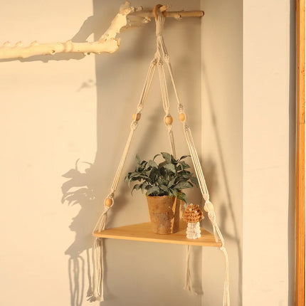 Rustic Boho Corner Macrame Shelf Hanging Wood Wall Decor