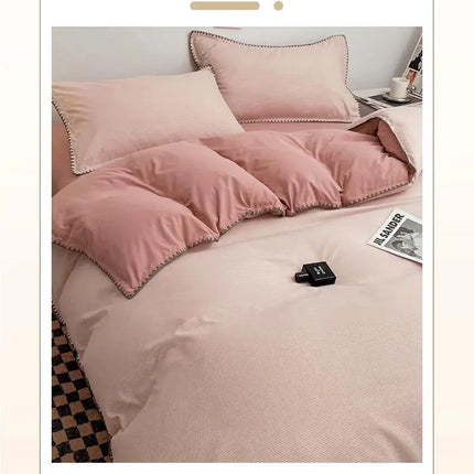 Ins Style Double Striped Bed 3-4 Pces Solid Washed Cotton Bedding with Sheets Pillowcases Skin Friendly Breathable Duvet Cover
