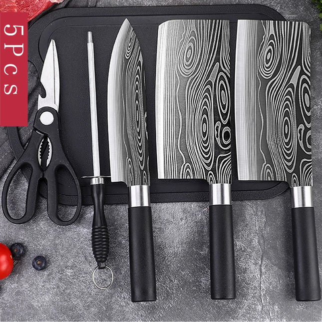 Laser Damascus Pattern Kitchen Knives Scissors Sharpening Rod Set