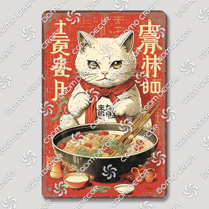 Cartoon Cat Japanese Food Plaque Tin Sign Retro Ramen Sushi Takoyaki Poster Metal Plates Bar Pub Restaurant Kitchen Wall Decor