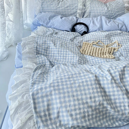 Korean Princess Style Lattice Double Layer Lace Bedding Set Soft Quilt Cover Plaid Style Duvet Covers Set Bed Sheet Pillowcases