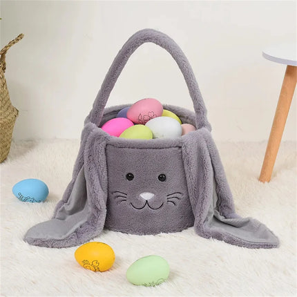 Cesta longa de orelha de coelho de pelúcia de páscoa com alça, balde de armazenamento de brinquedos de doces de pelúcia macia